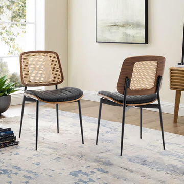 Dining Chairs Set of 2 Mid Century Modern Retro Faux Leather Kitchen Chairs with Walnut Bentwood Upholstered