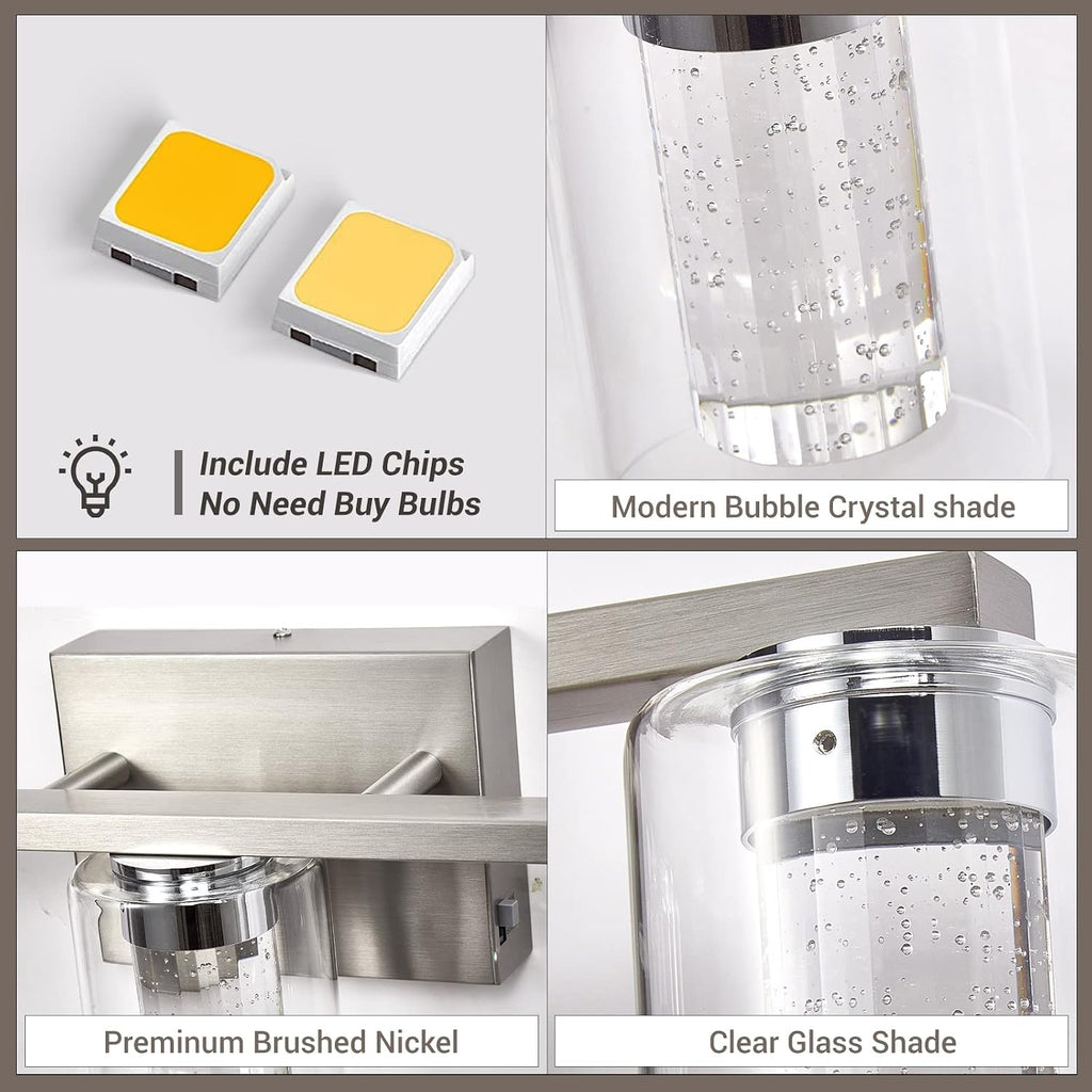 Bathroom Light Fixtures, 3 Light Brushed Nickel Bathroom Vanity Light over Mirror, 3 Color LED lights with Crystal