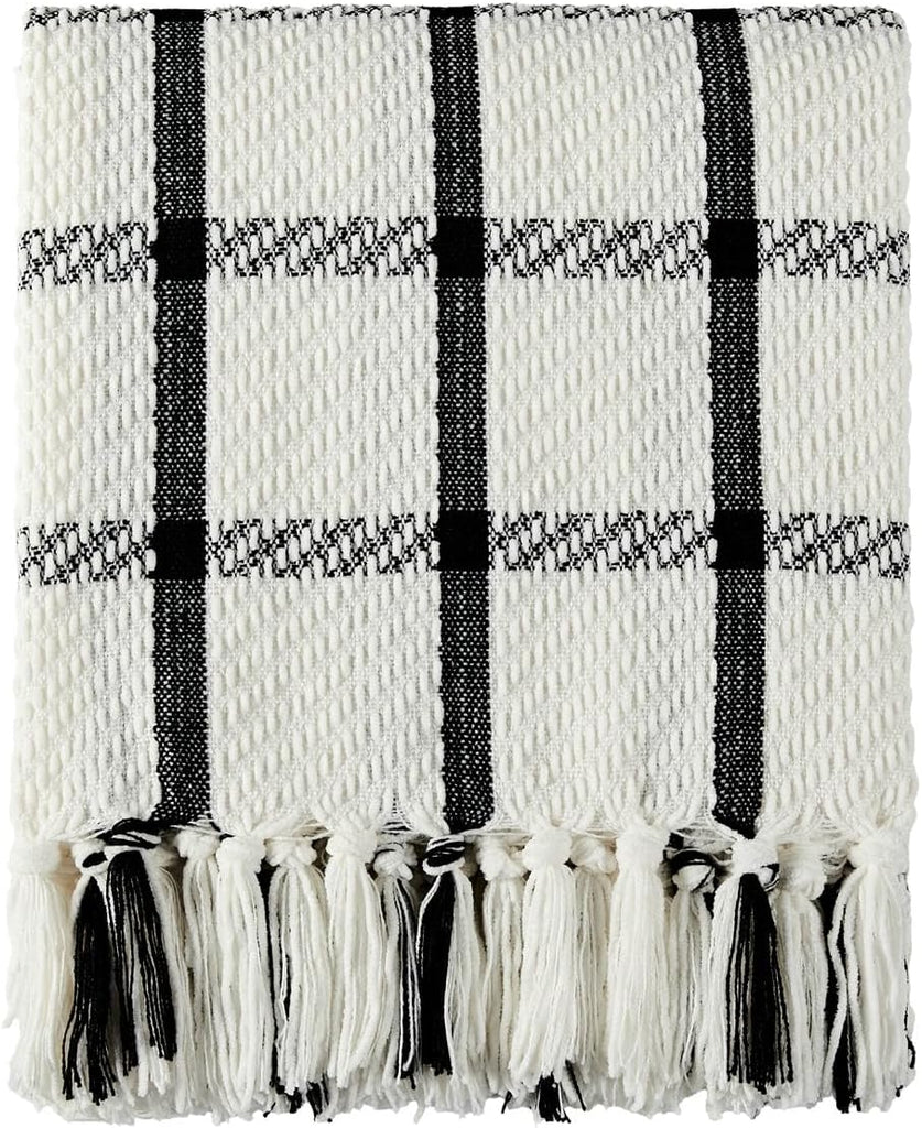 50"X60" Farmhouse Breathable Soft and Warm Chenille Plaid Throw Blanket, Home Decoration Throw with Tassles (Black &