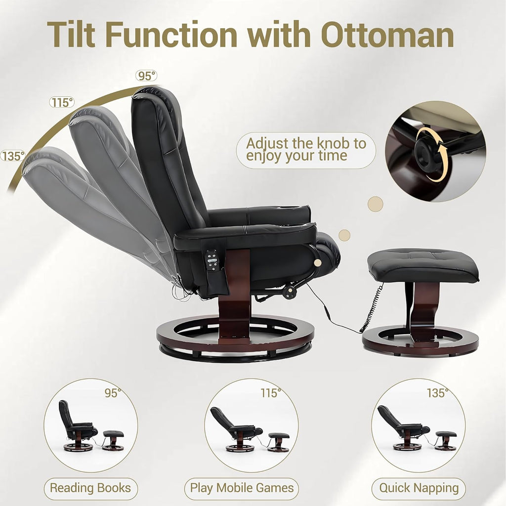 Modern Reclining Swivel Lounge Chair and Ottoman — Black PU Leather
