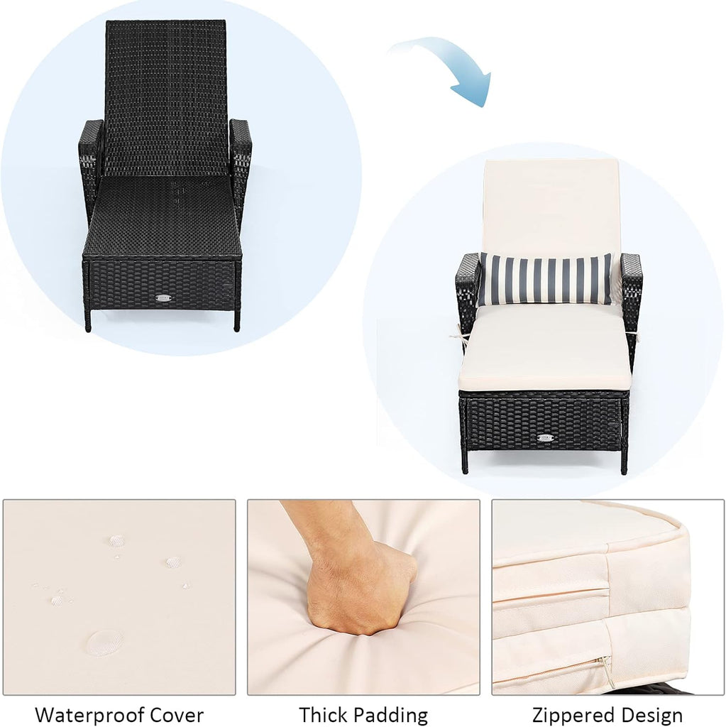 Wicker Chaise Lounge Outdoor, Patio Rattan Reclining Chaise with 6-Gear Adjustable Backrest