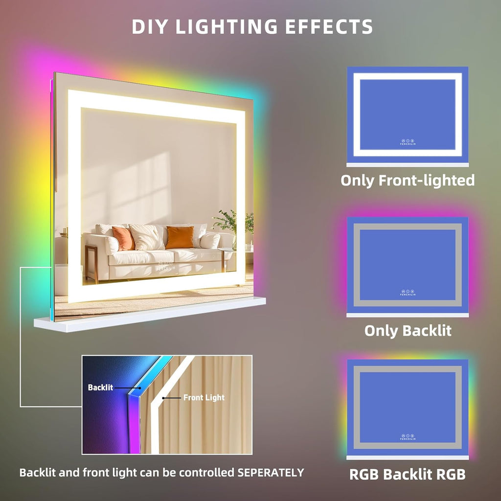 Vanity Mirror with Lights, 23" x 18" RGB Backlit + Front Lit Hollywood Makeup Mirror LED Strip with 3 Colors Modes