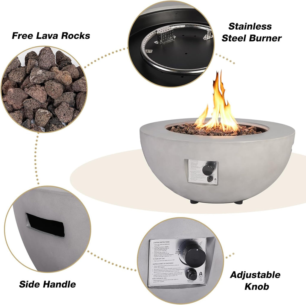 31.5 Inch Round Propane Fire Pit Table - Concrete Round Fire Bowl 50,000 BTU Natural Gas Firepit Burner with Steel Lid
