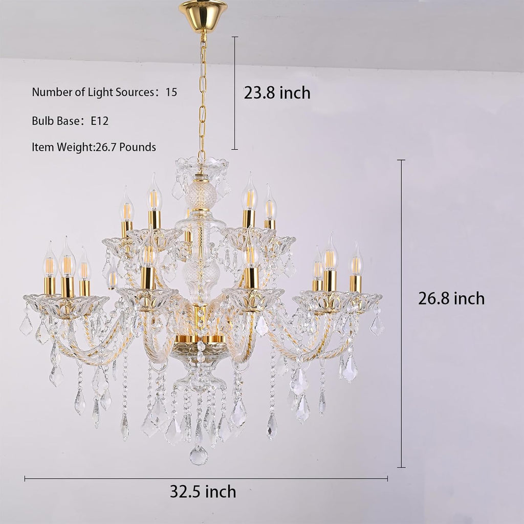 15 Light Crystal Chandelier Double Layer Flush Mount Ceiling Light Fixture with K9 Crystals for Living Room Dining Room Bedroom Luxury Hanging Lamp Lighting Fixtures_