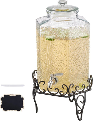 Beverage Dispenser, 2.5 Gallon Drink Dispensers for Parties, Glass Juice Dispenser with Metal Stand, Stainless Steel