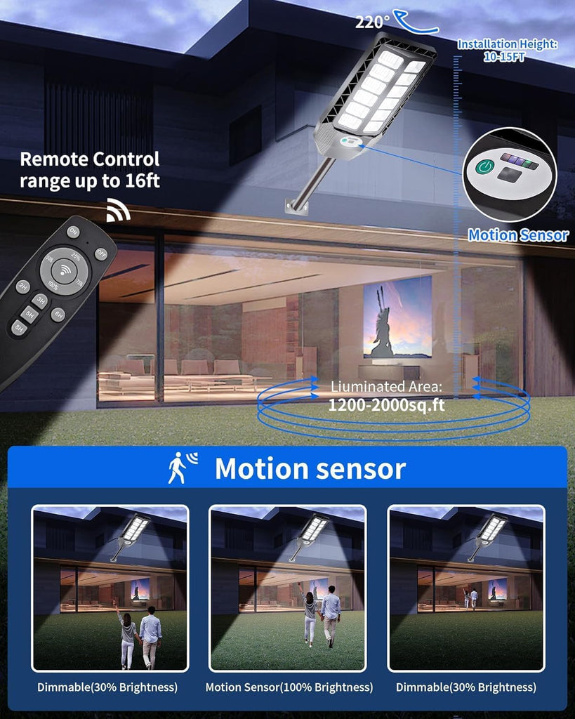1-Pack 5000W Solar Powered Outdoor Motion Sensor Street Light | IP66 Waterproof 6500K Dusk to Dawn 20000 Lumens LED