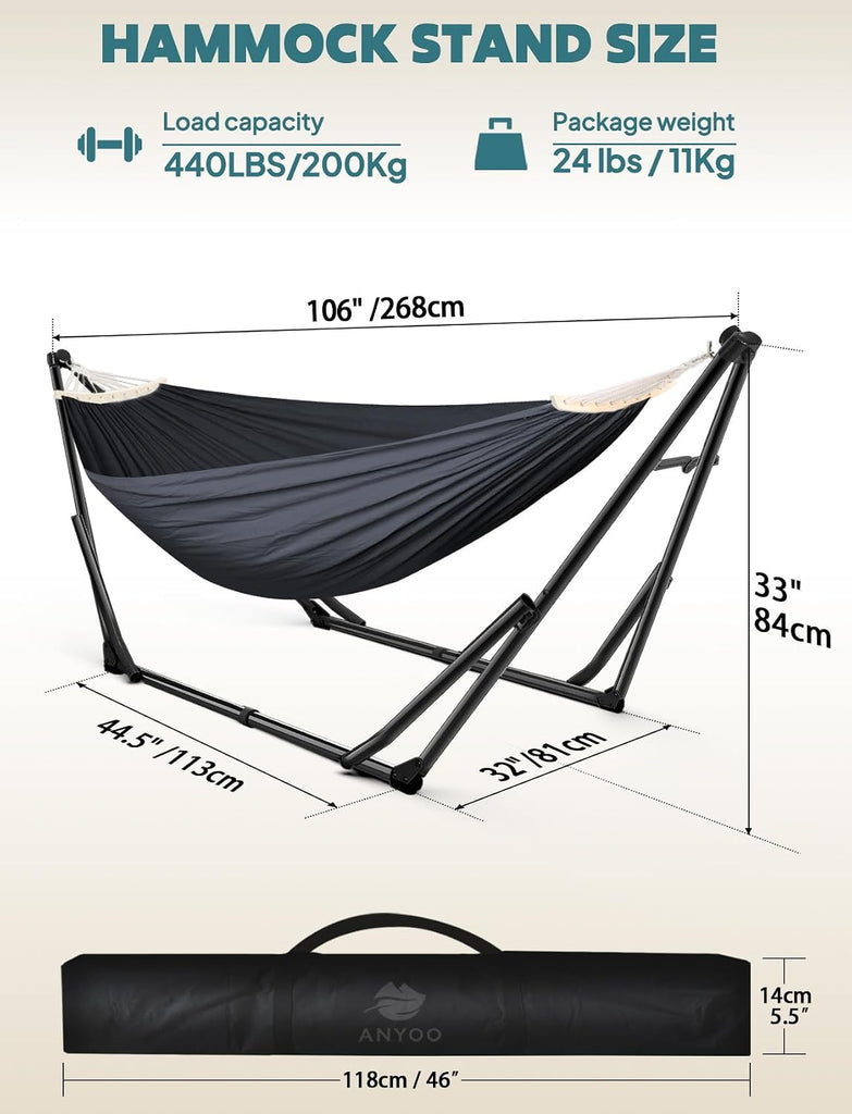 2-in-1 Hammock & Chair Stand with Collapsible Steel Frame & Carry Bag | Tool-free Set up Multi-angle & Height