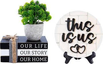 Farmhouse Family Tiered Tray, Wooden Book Stacks This Is Us Our Life Our Story Our Home Signs,Black and White Home