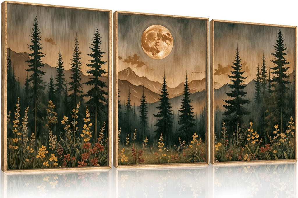 Vintage Boho Nature Moonlight Forest Mountain Framed Canvas Wall Art Set,Wilderness Dark Moon Woodland Floral