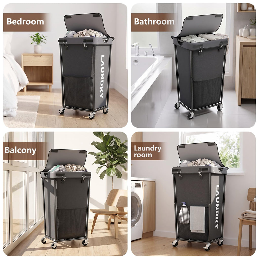 Hamper with Wheels and Lid, 110L Large Rolling Laundry Basket Gray