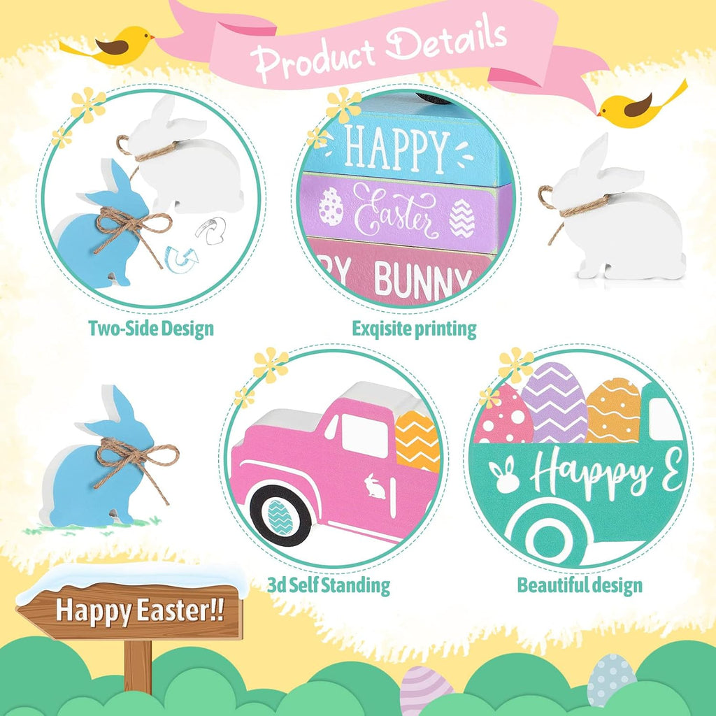 Easter Tiered Tray Decor Happy Easter Table Decorations Farmhouse Wooden Bunny Egg Truck Sign 3 Faux Books - Set of 5