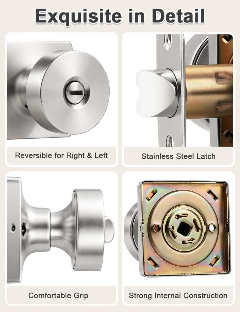 Privacy Door Knobs Interior 6 Pack, Satin Nickel Door Knob with Lock Inside, Keyless Bedroom and Bathroom Locking