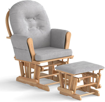 Nursery Glider with Ottoman, Upholstered Comfort Glider Rocker with Padded Cushion, Storage Pocket, Solid Wood Base