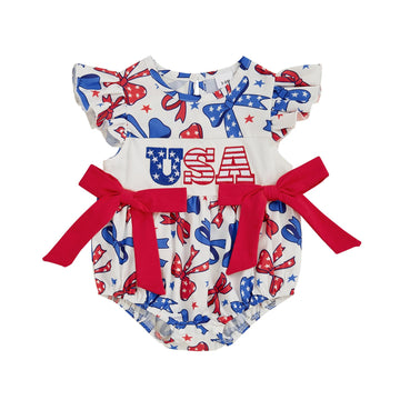 My First 4th of July Baby Girl Outfit Infant Smocked Bubble Romper Fly Sleeve Embroidery Flag Newborn Summer Clothes