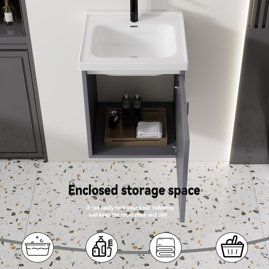 16-Inch Wall-Mounted Bathroom Vanity with Ceramic Sink – Modern Floating Small-Space Cabinet with Soft-Close Door, Pop-Up Drain & P-Trap Included, Gray (No Faucet)