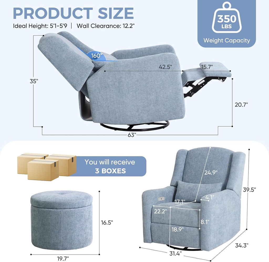 Large Power Recliner Chair Swivel Glider with Ottoman, Blue | Chenille Nursery Glider with USB Charging Port & Lumbar