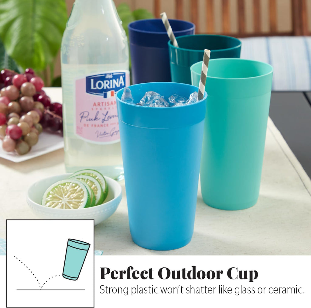 Newport 20 ounce Unbreakable Plastic Stackable Water Tumblers in 4 Coastal Colors | Set of 12 Drinking Cups |