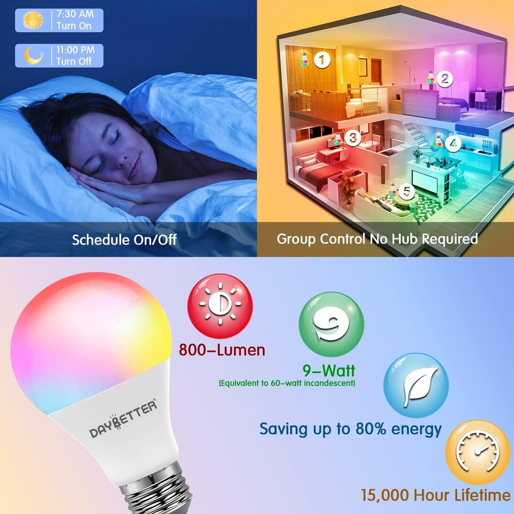 Smart Light Bulbs, Alexa Light Bulb, WiFi Light Bulbs, RGBCW Color Changing Light Bulb A19 9W 800LM, Smart Bulbs that