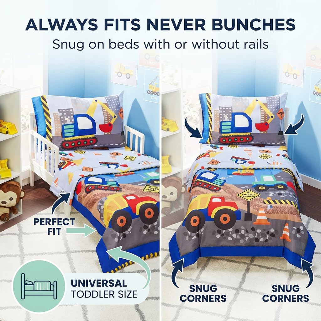 4 Piece Toddler Bedding Set - Under Construction - Includes Comforter, Flat Sheet, Fitted Sheet and Reversible