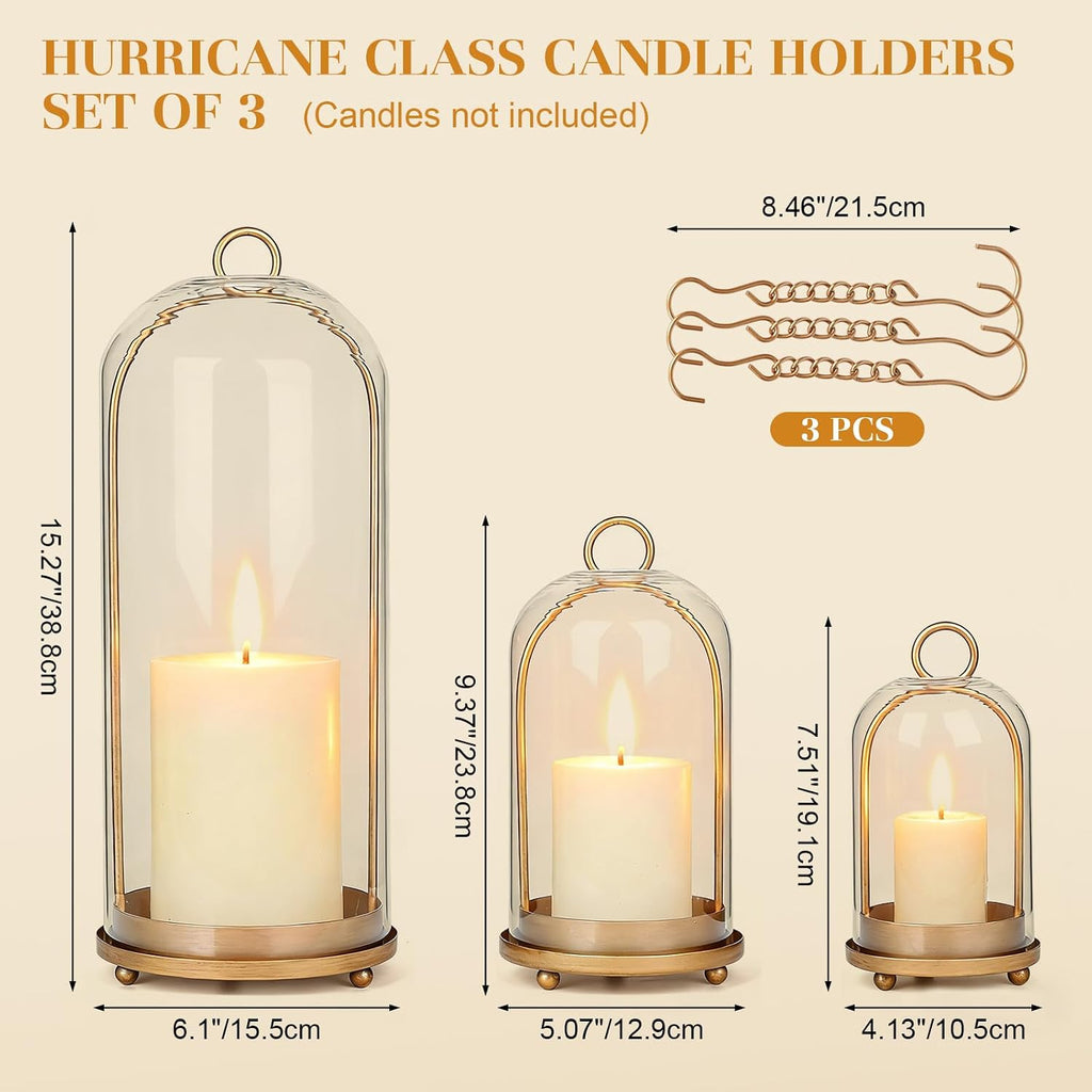 15"&9"&7" Hurricane Glass Candle Holders Set of 3, Metal Candle Holder with Handmade Glass Dome in Brass, Hanging