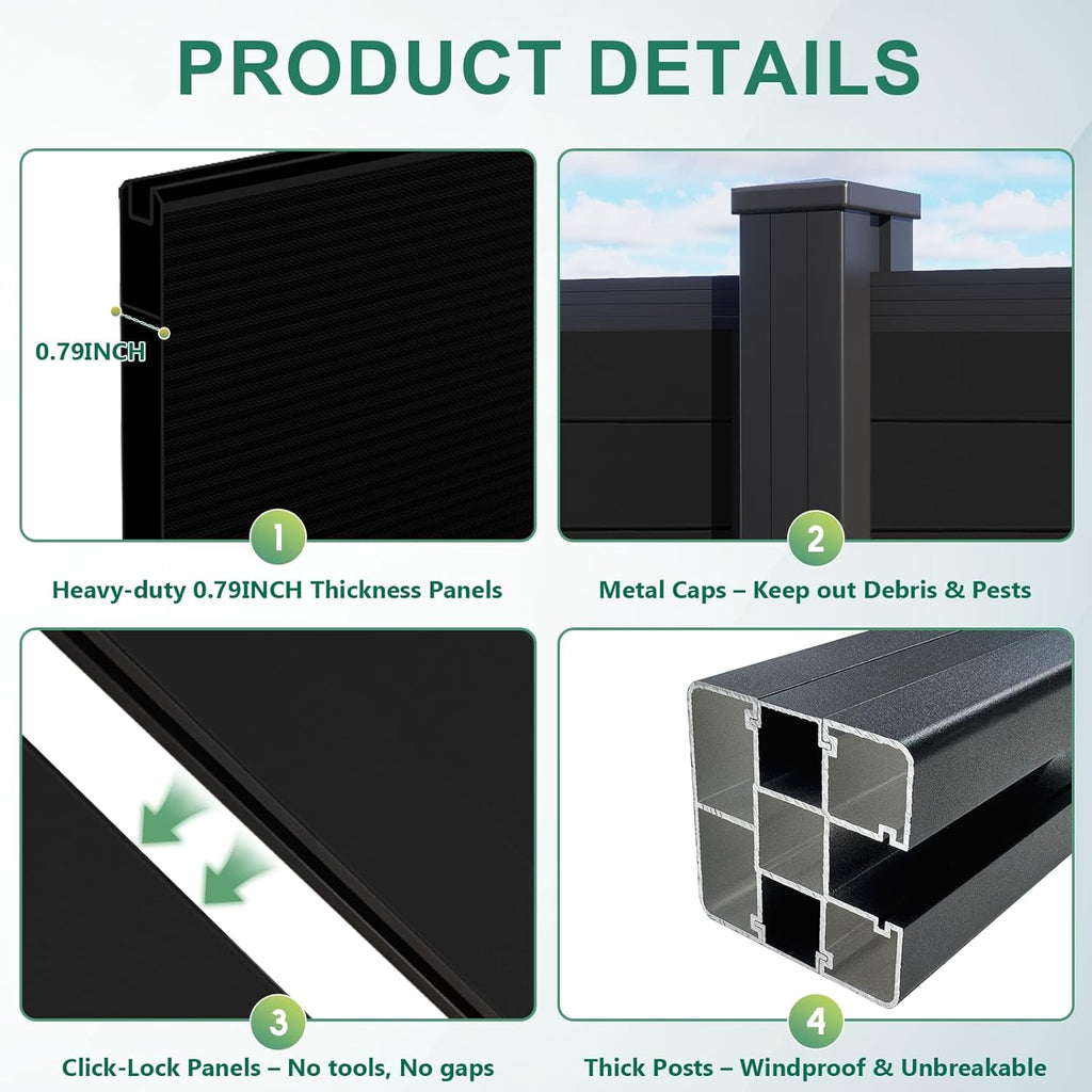 Aluminum Privacy Fence Panels for Outside, 6ft(W) x 7.6ft(H) Decorative Fence with 2 In-ground Posts, Wind Resistant
