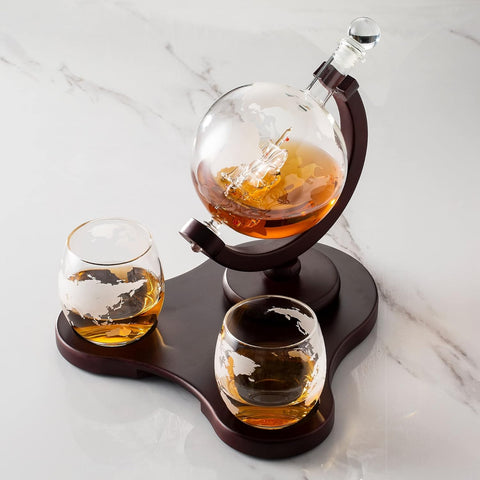 Whiskey Globe Decanter Set with 2 Glasses in Gift Box - Whiskey decanter for Liquor, Whiskey, Brandy, Gin, Rum