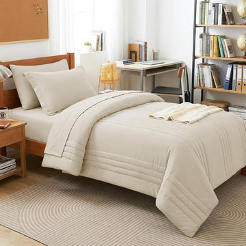 Queen Comforter Set Beige - 7 Pieces Vertical Quilted Bed in a Bag - Set of 7