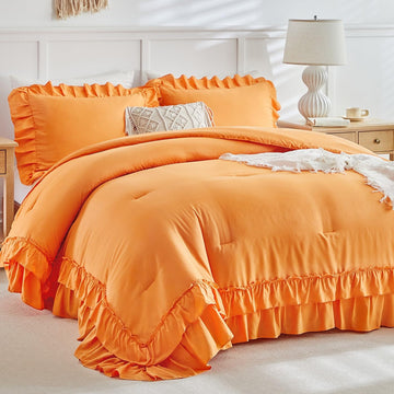 Orange Ruffle Comforter Set, 3 Pieces Vintage Farmhouse Shabby Chic Comforters, Solid Color Lightweight