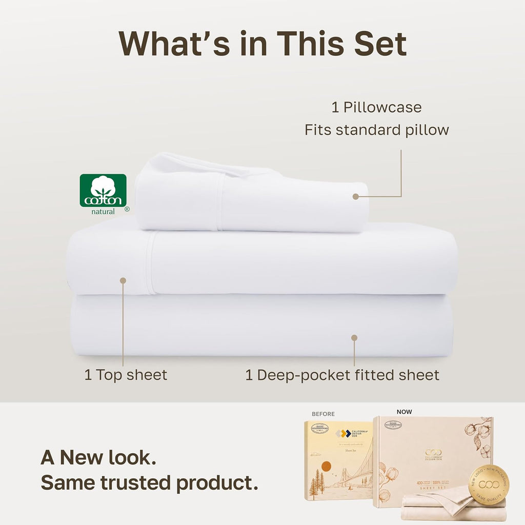 Soft 100% Cotton Sateen King Sheets Set, White