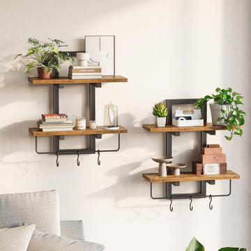 Floating Shelves for Wall Set of 2, Wood Wall Shelf with 6 Hooks, 2 Tier Hanging Decorative Storage Shelves Bedroom