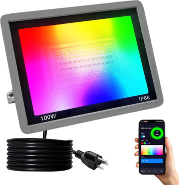 100W RGB LED Floodlight Outdoor, Smart RGBCW Flood Lights Colorful with Bluetooth WiFi APP Control Spotlight Color
