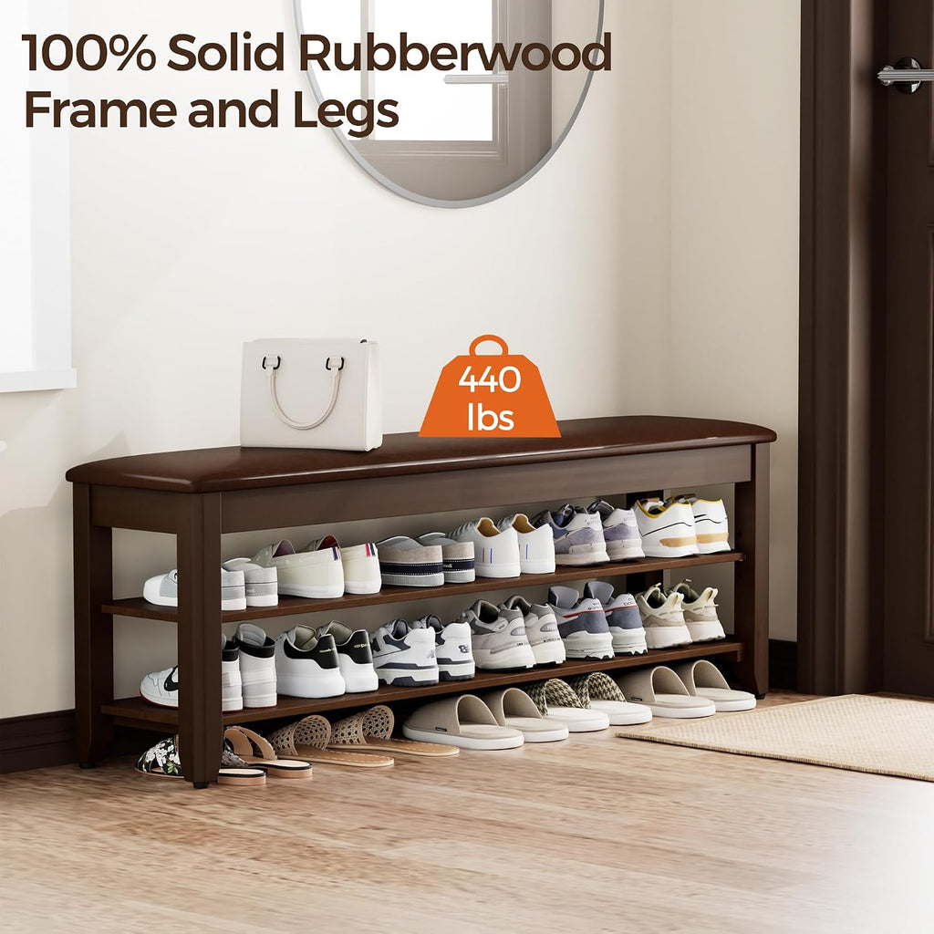 2-Tier Solid Wood Shoe Rack Bench with Flip-Top Storage | Entryway Bench with Cushion, Adjustable Shelf, Holds Up to