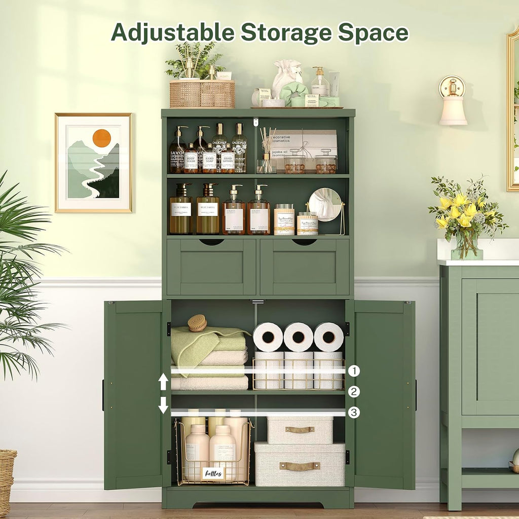 Bathroom Cabinet with Adjustable Shelf & 2 Drawers, Farmhouse Storage Cabinet with 2 Doors, Kitchen Storage Cabinets