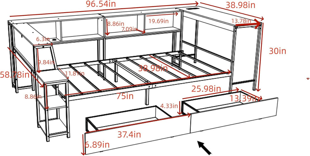 Twin Corner Bed Frame with Desk and Storage, Twin Size cornner Bed with Charging Station and LED Light, Wood Daybeds