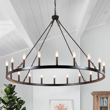 Inspired Camino Style Chandelier - 47.2 inches Black Wagon Wheel Chandelier- 20 Light Large Farmhouse Chandelier Industrial Rustic Dining Room Light Fixture Round High Ceiling Pendant Light for Living Room Entryway Foyer