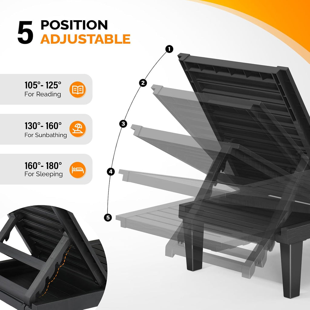 Outdoor Chaise Lounge Chair Set of 2, Waterproof Outdoor Lounge Chair with 5-Level Adjustable Backrest, Patio Chaise