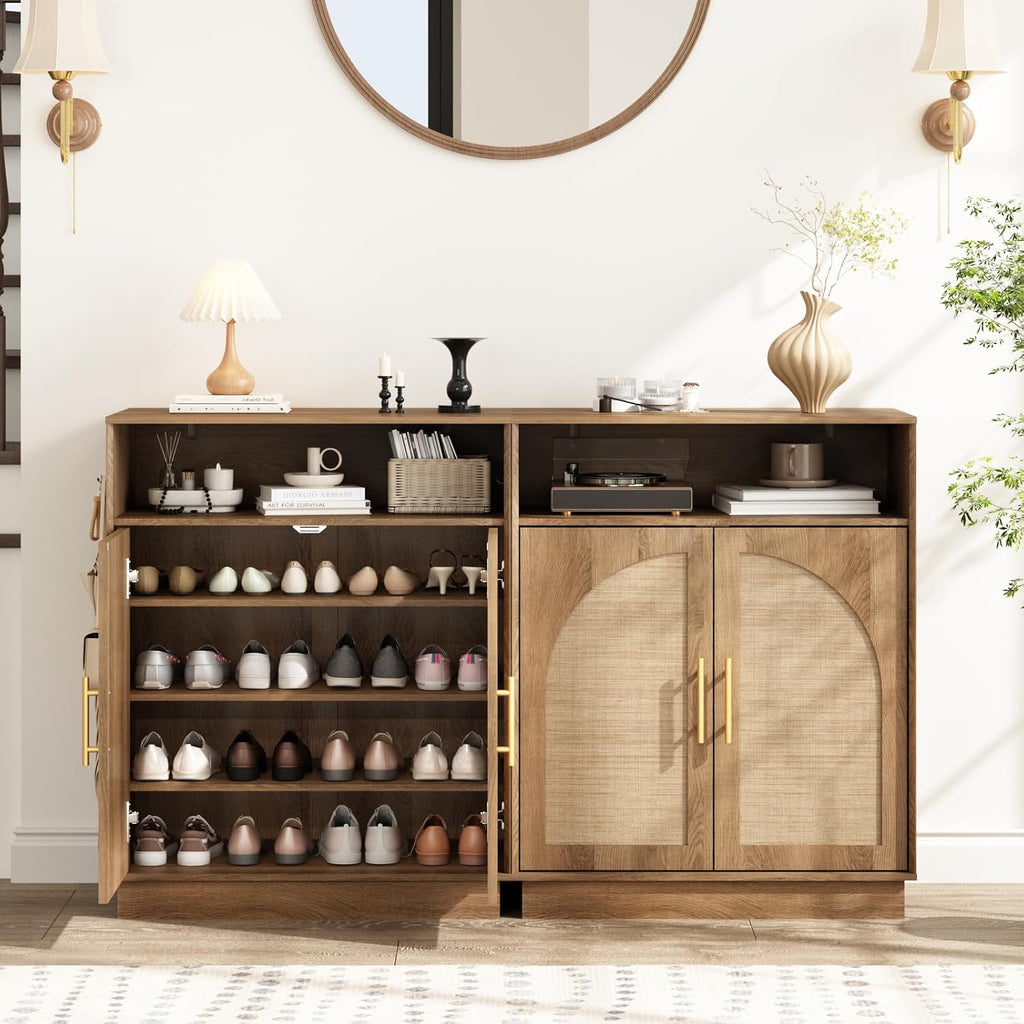 Rattan Shoe Storage Cabinet with 2 Arched Doors, 5-Tier Deep Shoe Organizer with Adjustable Shelves, Farmhouse Boho