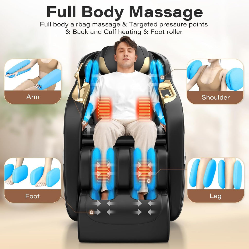 Massage Chair Full Body 160° Zero Gravity SL-Track, 12 Modes, Black | Full-Body Airbags, Body Scan, 6 Massage