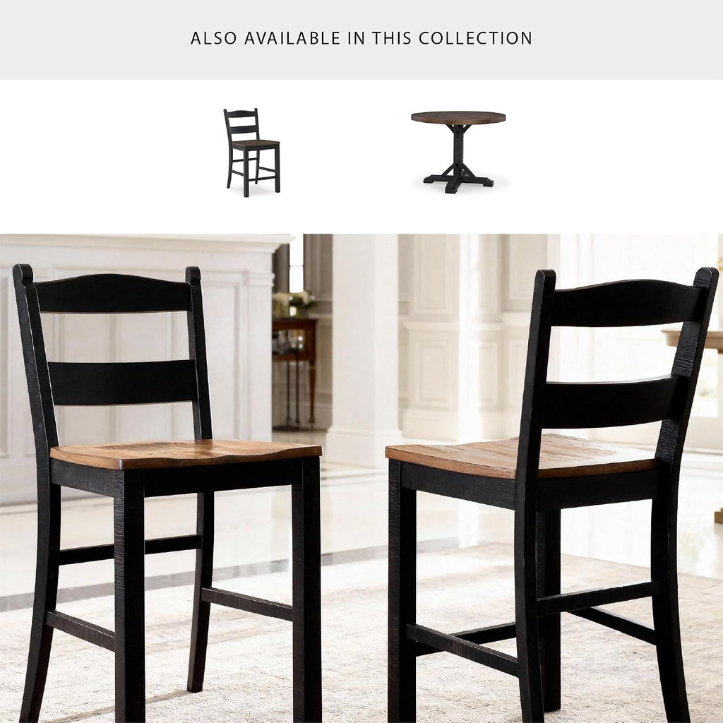 Valebeck Casual Rustic Counter Height Bar Stool with Contoured Seat and Footrest, Set of 2, Wood, 24" High, Black