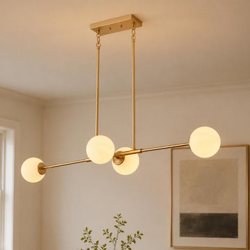 Gold Linear Chandelier, 48-Inch Frosted Globe Island Light