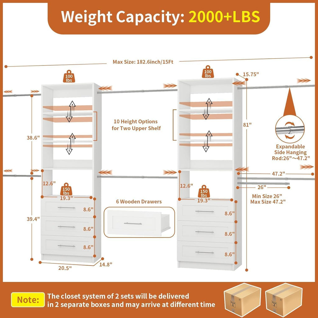 Closet System with 6 Drawers, 5-14FT Custom Closet Organizer System with 8 Expandable Hanging Rods&Adjustable