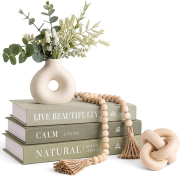 Decorative Books Set , Vase, Beads & Faux Greenery, 7 Pack | Complete Aesthetic Decor Set, Green Organic Modern