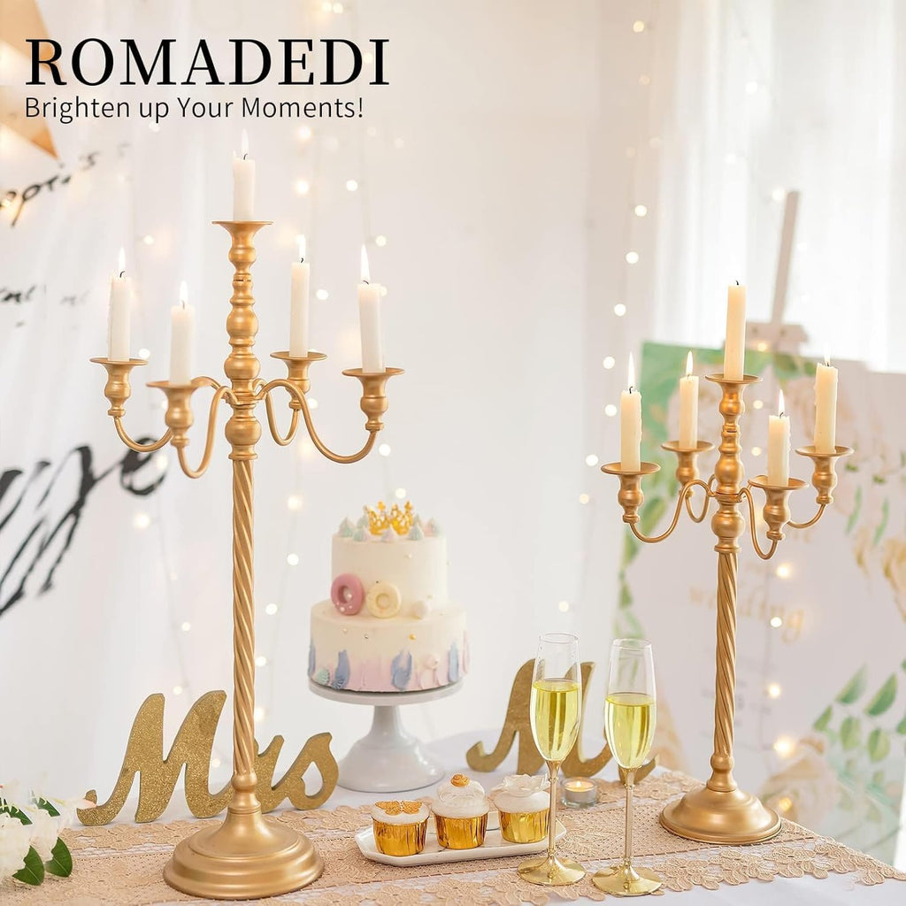 Candelabra Gold Candle Stand: 21'' Tall 5-Branch Candlestick Holderoliday Event Reception Decoration, Set of 2