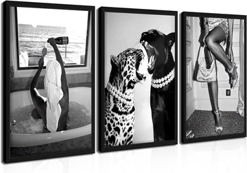 Framed Trendy Black and White Wall Art Set of 3, Fashionable Cheetah Wall Decor, Posters for Room Aesthetic, Modern