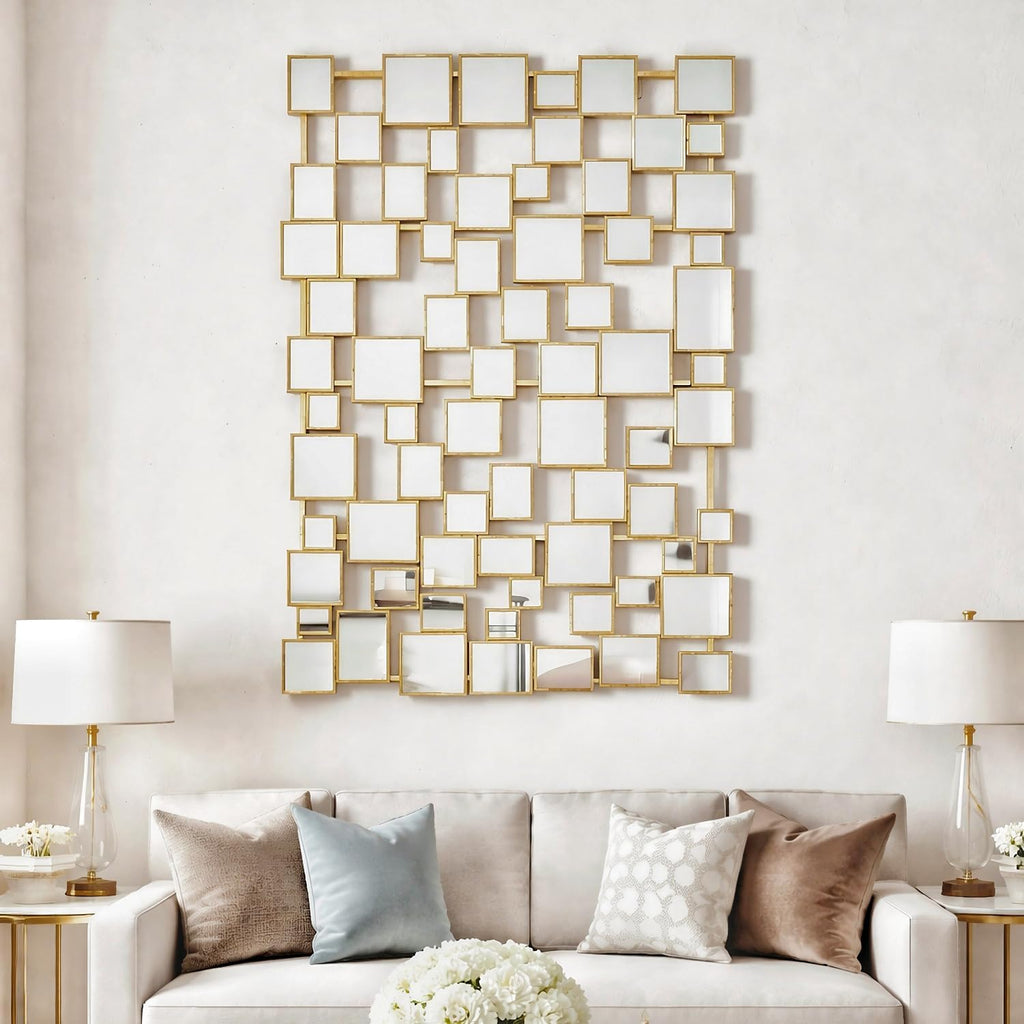 Gold Modern Wall Mirror - 45"×30" Large Metal Framed Decorative Mirror, Unique Mosaic Design Wall Mirrors Entryway