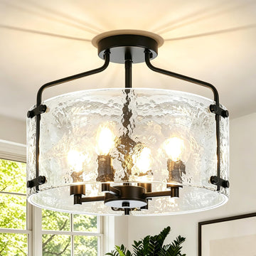 4-Light Modern Black Semi Flush Mount Ceiling Light, 15.35" Thick Hammered Glass Entryway Light Fixture Drum