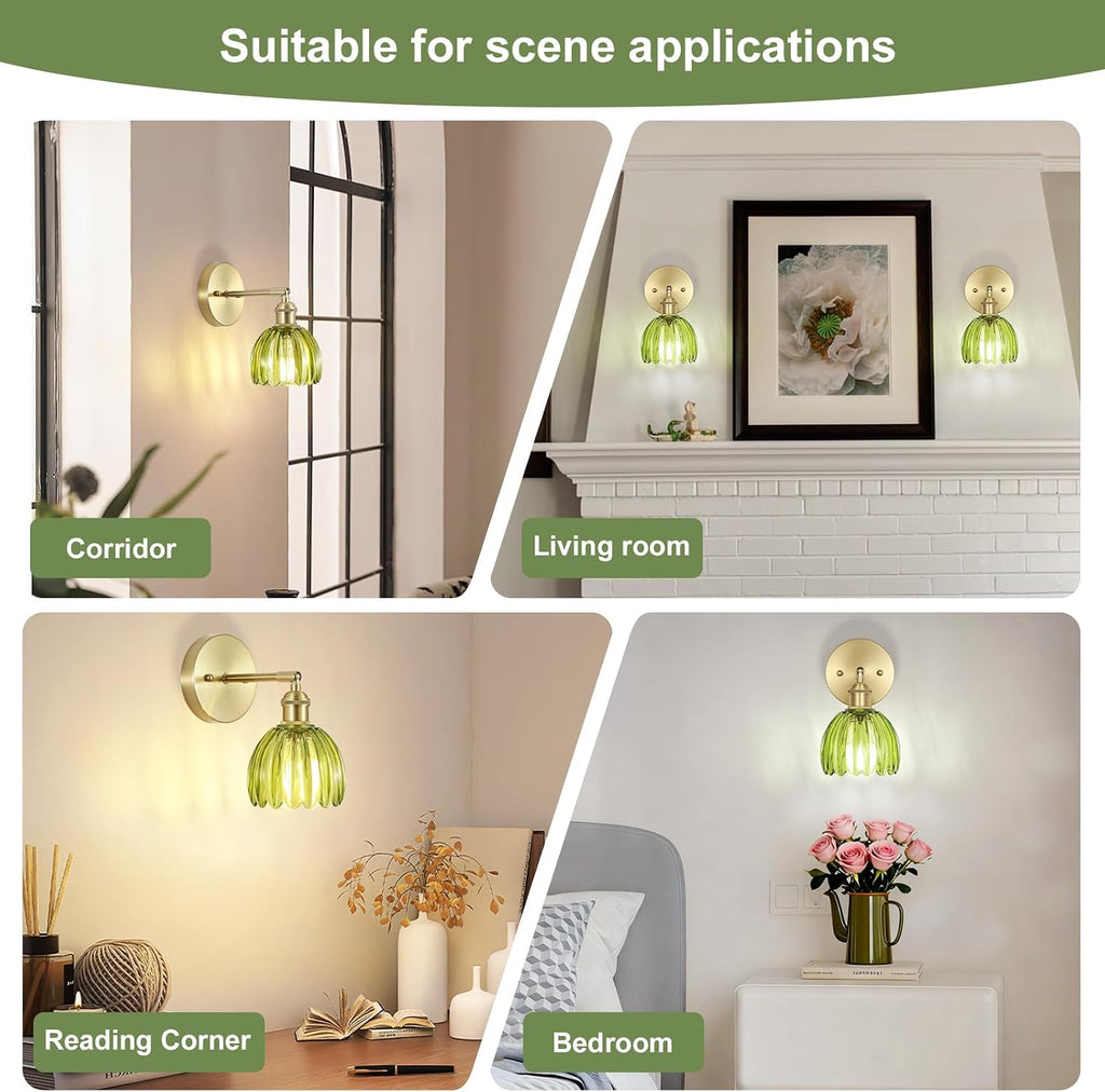 Hardwired Wall Sconces Set of Two, Vintage Wall Lights with Green Tulip Glass Lampshade, Gold Wall Lamps for Bedroom