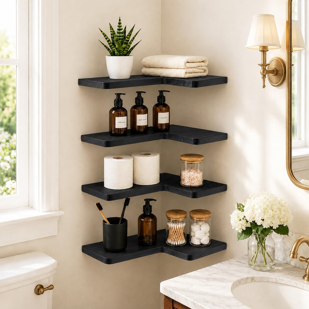 Solid Wood Corner Floating Shelves, L-Shaped, Black, Set of 4