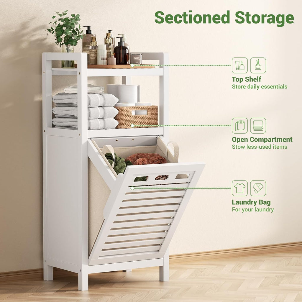 Tilt Out Laundry Hamper, 10 Gal Bamboo Laundry Storage Cabinet with Removable Basket, Hidden Hamper Organizer with