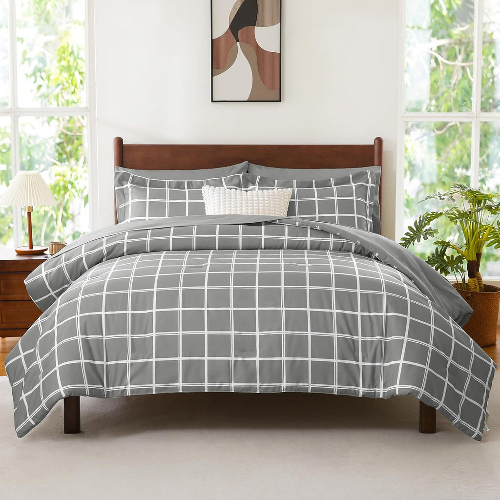 Queen Comforter Set with Sheets - 7 Pieces Plaid Bed in a Bag Set Grey